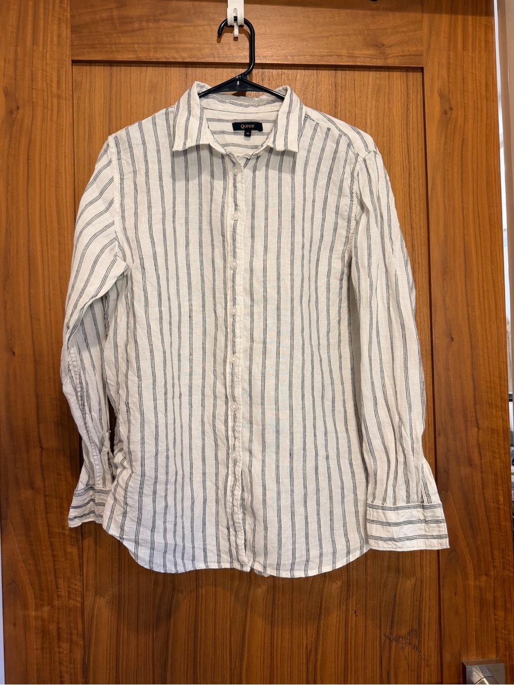 Quince White Button-Down Shirt with Gray Vertical Stripes